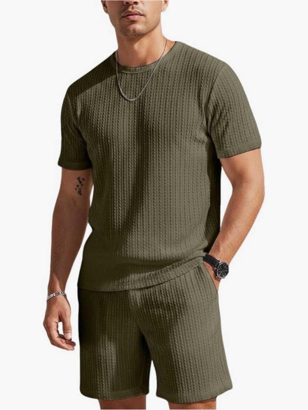 Men's Olive Green Textured Short Sleeve Shirt & Short